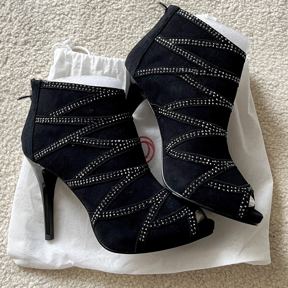Rhinestone Studded Suede Open-Toe Ankle Boots